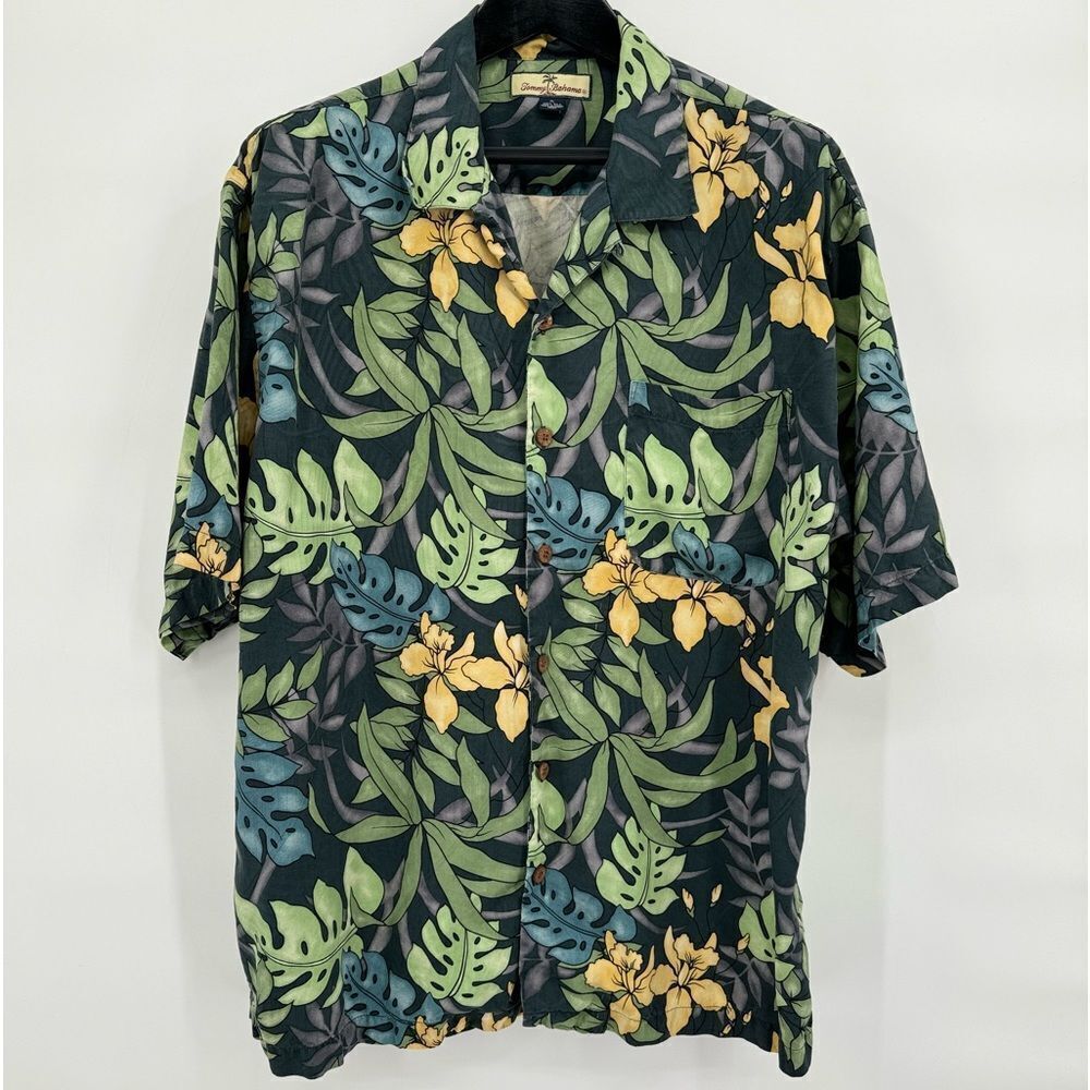 Tommy Bahama Silk Button‎ Down size XL Bold Tropical Print Gray